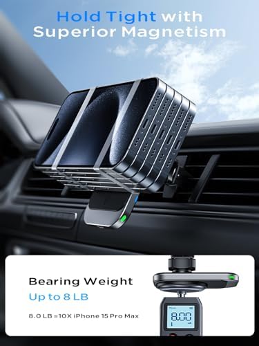 Hinyx 15 W Magnetic Wireless Car Charger for Mag Safe – Fast Charging Phone Mount Compatible with i Phone 15/14/13/12/11 Pro Max, Samsung, Google, LG – Secure Vent & Dash Holder for Effortless Navigation and Music Control