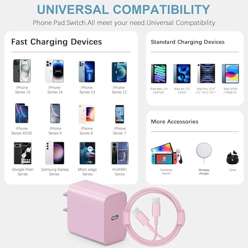 20 W USB-C Fast Charging Block Set for i Phone 16 & 15 Series – 3-Pack with 6 ft Durable Cables for Rapid Power Delivery – Perfect for i Phone, Air Pods, and i Pad – Compact, Versatile Charging Solution for On-the-Go Users
