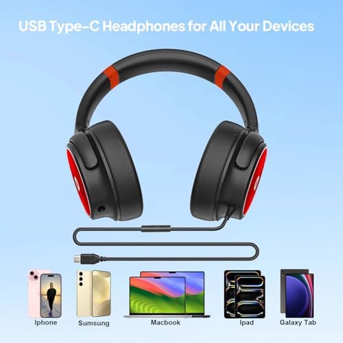 Adoope USB C Foldable Headphones with Microphone – Safe Listening Design Featuring 95 d B Volume Limit for Kids and Adults, Plush Ear Pads for Unmatched Comfort, Portable Style in Black & Red – Perfect for Tablets, Phones, and Laptops