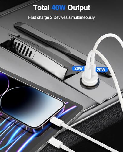 Ultimate 40 W Dual USB-C Car Charger for i Phone 16/15 & i Pad Pro – MFi Certified Fast Charging Adapter with 6 FT USB-C Cable for Galaxy S24/S23 – Premium Power Solution for On-the-Go Connectivity in Sleek White Finish
