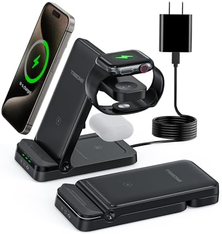 Tribone 3-in-1 Foldable Fast Wireless Charger for Apple Devices – Ultimate Charging Station for i Phone 11-16, Apple Watch Series 1-10, Air Pods Pro 4/3/2 – Sleek Black Design for Home & Travel – High-Speed Power-Up, Space-Saving Convenience