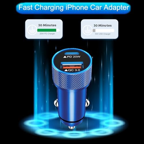 High-Performance i Phone Car Charger – Dual-Port 38 W USB-C & QC3.0 Fast Charging Adapter with 2 Lightning Cables, MFi Certified for i Phone 14, 13 Pro Max, 12, 11, X – Sleek Grey Design for Enhanced Compatibility and Efficiency on the Road