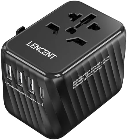 LENCENT 85 W Universal Travel Adapter with Retractable USB-C Cable – High-Speed International Plug Converter Featuring 3 Type-C & 1 USB-A Ports for Effortless Worldwide Charging – Your Ultimate Travel Essential for Maximum Compatibility, Fast Charging, and Ga N Technology Efficiency