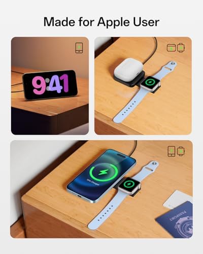 Compact 2-in-1 Wireless Charger Stand for Apple Devices – Mag Safe Compatible Fast Charging Station for i Phone 16, 15, 14, 13, 12, Apple Watch, and Air Pods Pro – Ultimate Travel-Friendly Dual Charging Solution for Effortless Power On-the-Go