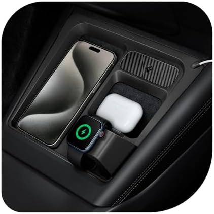 Spigen 3-in-1 Wireless Charging Organizer Mount for Tesla Model 3 (2024/2025 Highland) – Multifunctional Charging Station for i Phone, Air Pods & Apple Watch – Sleek Design, Enhanced Device Compatibility, Effortless Installation