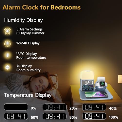 Elevate Your Charging Experience: 3-in-1 Wireless Charging Station with Night Light & Alarm Clock for i Phone 11-16 & Apple Watch – Fast 30 W Ga N Charger – Sleek Blue Design for Modern Living Spaces