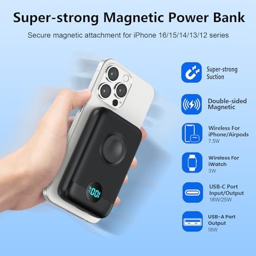 Revolutionary 4-in-1 Magnetic Power Bank – 10,800 m Ah Wireless Charger for i Phone 16/15/14/13/12 & Apple Watch – Compact & Lightweight Design with LCD Display – 25 W Ultra-Fast Charging for Up to 4 Devices – Seamless Compatibility with Mag Safe, Air Pods, and Android Devices – Enhanced Safety Features with Multi-Protection – Ideal for On-the-Go Power Management and Versatile Charging Solutions