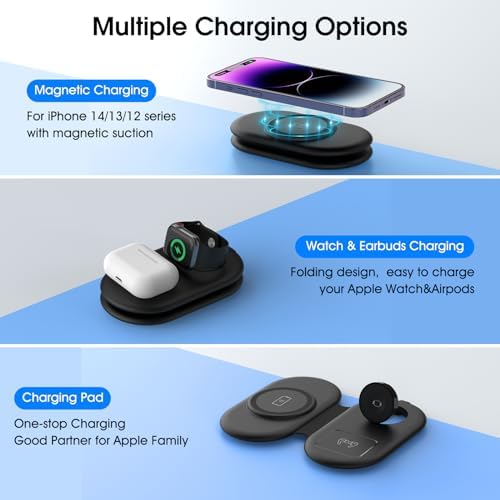 3-in-1 Wireless Charging Station for Apple Devices – Fast Magnetic Charger for i Phone 15/14/13/12/Pro Max/SE/11/XS/XR/8, Apple Watch 9-2, and Air Pods – Streamlined Power Solution for Home and Travel – Sleek, Compact Design for Enhanced Compatibility and Speed