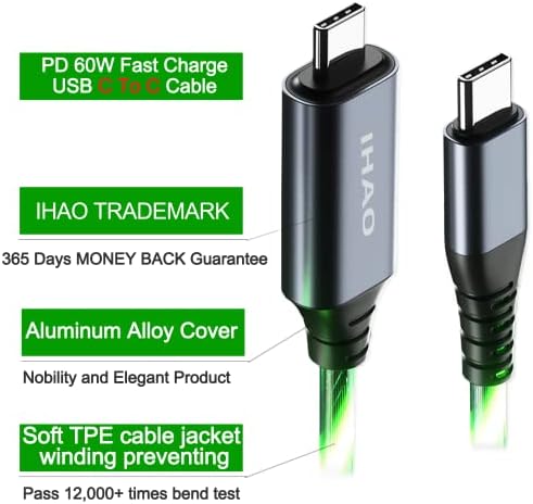 IHAO 60 W USB Type C to Type C Fast Charging Cable with LED Current Indicator – High-Speed Data Transfer for Android & i OS Devices – 39 Inch Universal Charger in Vibrant Green – Durable, Efficient Power Delivery for Modern Tech