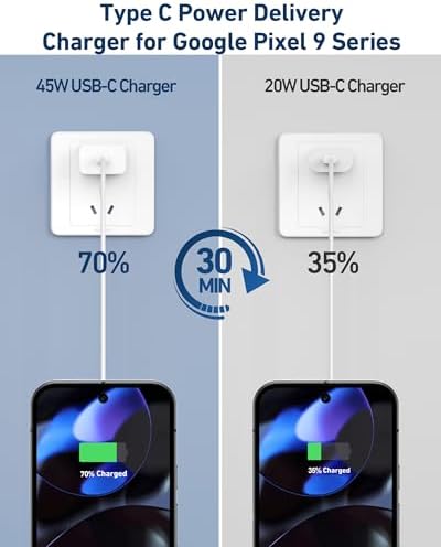 Rapid Charge 45 W USB-C Power Adapter with 10-Foot Cable for Google Pixel & Android – Ultimate Power Delivery for Safe, Swift Charging – Compatible with Pixel 9/9 Pro XL/Fold/8/8 a/8 Pro/7/7 a/7 Pro/6/5/4 XL & More – Durable Design for Hassle-Free Mobility – Say Goodbye to Low Battery Anxiety!