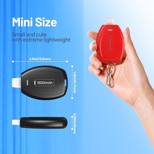 Compact Keychain Power Bank Duo: 1600 m Ah Emergency Charger for i Phone 8, 11, 12, 14 & Air Pods – Ultra-Portable Mini External Battery Pack in Stylish Blue & Pink – Fast Charging & Enhanced Compatibility for On-the-Go Power Solutions