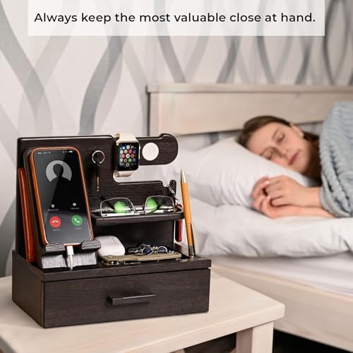 TESLYAR Wood Phone Docking Station with Drawer – Nightstand Organizer – Desk Organizer for Husband – Birthday Gifts for Men, Dad, Anniversary Idea, Key Holder Stand Watch & Accessories (Bourbon Brown) – Enhanced Compatibility and Speed