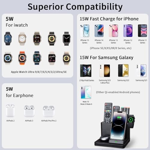 Premium 4-in-1 Leather Wireless Charging Station & Desk Organizer – Fast Multi-Device Charger for i Phone 15/14/13/12/11 Pro Max, Samsung, Air Pods & Apple Watch – Elegant Design for Home & Office Efficiency