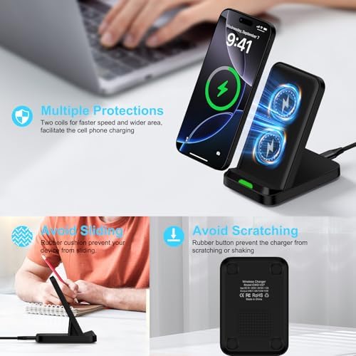 15 W Fast Wireless Charger Stand for Samsung Galaxy S25/S24/S23, i Phone 16/15, Google Pixel 9 Pro – Ultimate Desk Charging Station with Dual Viewing Angles, Quick Charge 3.0 Adapter, and Enhanced Safety Features for All Compatible Devices