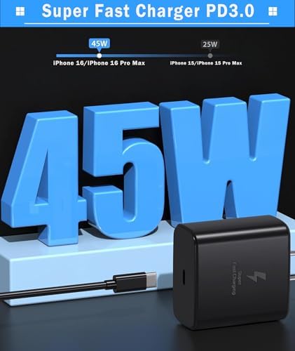 2025 Advanced 45 W Super Fast USB-C Charger with 6 FT Cable – Optimal Power Delivery for i Phone 16 Pro Max, 16 Plus, 15 Pro Max – Compact, Safe, and Efficient Wall Charger for Ultimate Device Performance