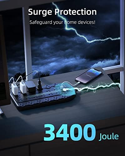 Ultimate Power Strip with 24 AC Outlets and 6 USB Ports, Including 2 High-Speed USB-C Ports, 3400 Joules Surge Protection, 10 Ft Heavy-Duty Flat Plug Extension Cord, Wall Mountable Design for Home and Office Use, ETL Listed for Safety Compliance