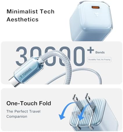 Ultra-Fast TORRAS Icenano 30 W USB-C Charger Block – PD 3.0 Compatible Wall Adapter with 5.5 ft Cable, Stylish Crystal Pink Design, Low-Temperature Operation for Safe Charging of i Phone 16/15 & Mag Safe – Perfect for Travel and Home Use