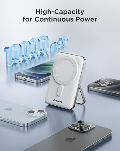 PISEN Mag-Safe 10000 m Ah Portable Power Bank – Wireless Fast Charging Battery Pack with Foldable Stand & LED Indicator for Effortless On-the-Go Charging, Compatible with i Phone & Android – Ultimate Convenience & Reliability