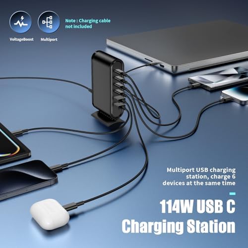 6-in-1 USB C Fast Charging Station Hub – Universal Desktop Charger for i Phone 16/15/14/13 Pro Max, i Pad Air, Mac Book & Samsung Galaxy S24+/S23 Ultra – High-Speed Multiport Power Adapter with Smart Charging Technology & Safety Features for Home & Travel
