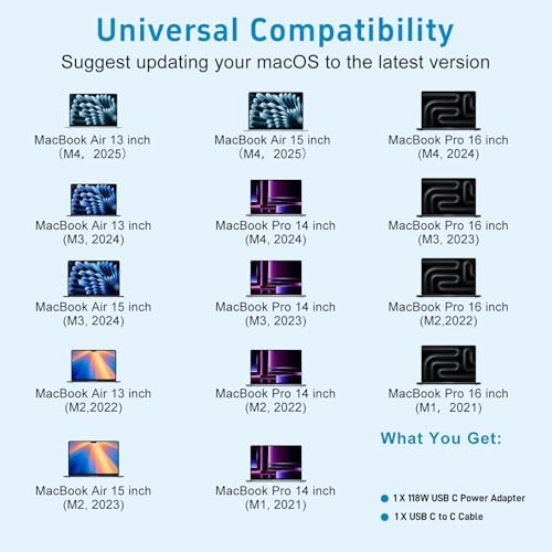 High-Speed 118 W USB-C Power Adapter for Mac Book Pro & Air (2021-2024) – Enhanced Compatibility with 7.2 ft Cable, Fast Charging for M1, M2, M3, M4 Models, Universal Device Support, Safety Features Included