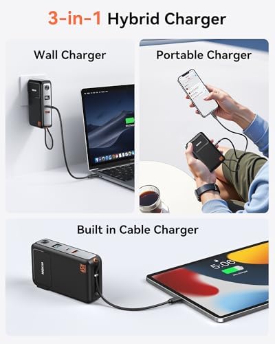 Ultimate 3-in-1 Fast Charging Power Bank – 10,000 m Ah with Integrated USB-C Cable & 65 W Wall Charger for Seamless Device Compatibility – Ideal Battery Pack for i Phone 16/15, Samsung, Mac Book & More – Compact & Lightweight Design with Smart Digital Display & Dual Charging Ports for Concurrent Use – Perfect for Travelers & Everyday Power Needs