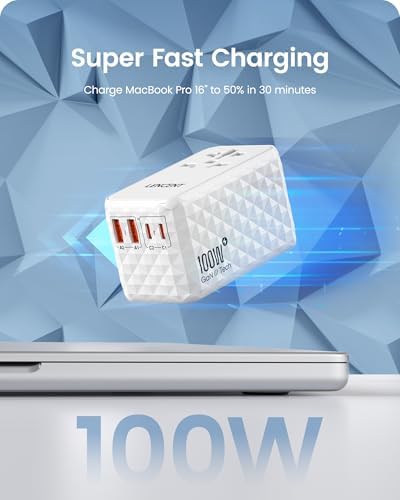 85 W Universal Travel Power Adapter with Retractable USB-C Cable – Optimal Fast Charging Hub for Global Use, Featuring 4 Ports for Seamless Connectivity in US, EU, UK & Beyond, Engineered for On-the-Go Professionals Seeking Efficiency and Versatility