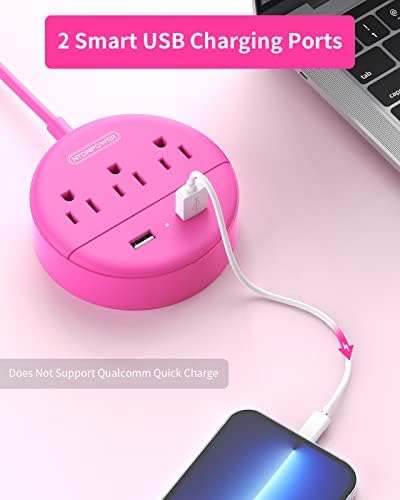 Stylish 25 ft Rose Pink Extension Cord by NTONPOWER – Flat Plug Power Strip with 3 AC Outlets & 2 USB Ports, Versatile Wall Mount Charging Station for Home, Dorm, or Office – ETL Certified for Enhanced Safety and Performance