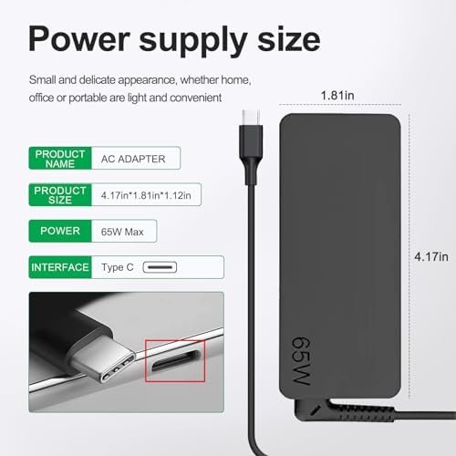 High-Performance 65 W USB-C Power Adapter for Lenovo Think Pad, Yoga, and Chromebook – Fast Charging with Enhanced Safety Features, Universal Compatibility for 45 W Models, and Reliable Dual Voltage Output