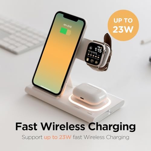 Mooas 3-in-1 Fast Wireless Charging Station with Nightlight – 15 W Multi-Device Charger for i Phone 15/14/13/12/11/XR/XS/8, Samsung Galaxy S24/23/22/21, Air Pods & Apple Watch – Sleek, Space-Saving Design for Enhanced Compatibility and Convenience