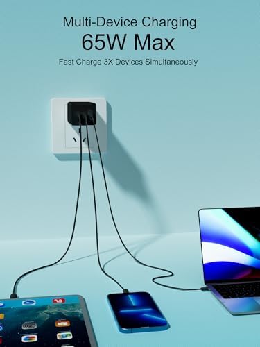 65 W 3-Port USB-C Fast Charger – Versatile Power Adapter for Mac Book, i Phone 16/15/14, Galaxy & More – Compact Design with Included Cable for Effortless Home or Travel Use – Optimal Device Compatibility & Safety Features