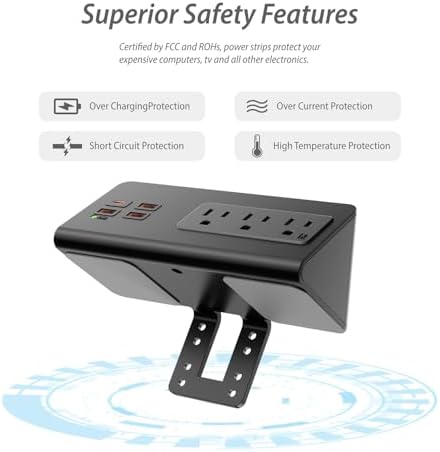 Desk Edge Clamp Power Strip with 4 Fast-Charging USB Ports & 3 AC Outlets – 1875 Joules Surge Protector for Office & Hotel Use, ETL Listed, Space-Saving Design for Convenient Charging Solutions