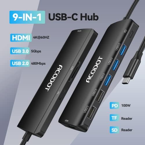 Acodot 9-in-1 USB C Hub: Ultimate 4 K HDMI Adapter with 3 USB 3.0 Ports, SD/TF Reader & 100 W Power Delivery – Stylish Purple Multiport Hub for Mac Book, HP, XPS & More – Boost Your Productivity with Seamless Connectivity and Fast Charging