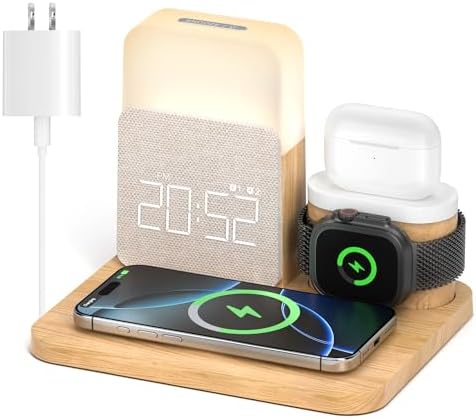 Elevate Your Nightstand with the 7-in-1 Wireless Alarm Clock Charging Station – Fast Mag-Safe Charger for i Phone 12-16 Pro Max, Apple Watch & Air Pods, Features Adjustable Night Light and Sleek Time Display for Ultimate Bedroom Convenience