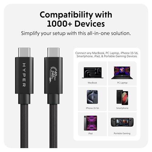 HyperDrive Next USB4 Type-C Performance Charging Cable — USB C Charging w/ 40Gbps Data Transfer, 240W Power Delivery, Fast Charge, 8K Video Support (4ft/1.2m – Black) – Enhanced Compatibility and Speed