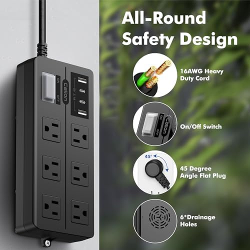 VNJ Outdoor Power Strip: 8 AC Outlets & 4 Fast USB Ports, IPX6 Waterproof Surge Protector with Safety Lock for Secure Connections, ETL-Certified 15 FT Extension Cord – Ideal for Home, Garden, and Commercial Applications