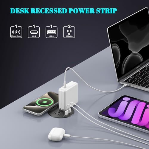 Recessed 20 W USB-C Power Grommet with 15 W Wireless Charger – Sleek Desk Power Strip Featuring 2 AC Outlets, 18 W USB-A Port, and 6 FT Cord for Ultimate Convenience in Home and Office Environments – Ideal for Efficient Charging and Enhanced Productivity