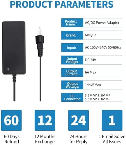 Universal 24 V DC Power Supply Adapter – 6 A, 144 W AC to DC Converter with Dual Output (5.5 mm x 2.5 mm & 2.1 mm) – Ideal for LED Strip Lights, CCTV Cameras, and Printers – Enhanced Stability and Compatibility for Optimal Device Performance
