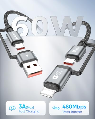 Versatile SUNGUY 4 in 1 Charging Cable – 3 FT Dual Pack with 60 W High-Speed Multi-Device Charging for USB-C, USB-A, and Lightning Compatible Devices Including i Phone 16/15/14 Pro, i Pad, Mac Book, and Samsung Galaxy S25/S24 – Durable, Efficient, and Perfect for Home or On-the-Go Use