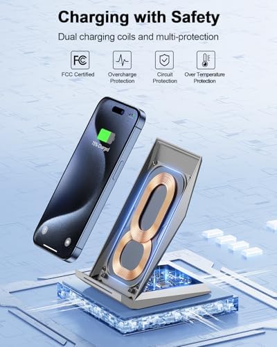 NANAMI 15 W Qi Certified Fast Wireless Charger Stand – Ergonomically Designed for i Phone 16/15/15 Pro/Plus/Max & Samsung Galaxy S25/S24/S23/S22/S21 – Ultra-Fast Charging with Advanced Safety Features for All Qi-Compatible Devices – Sleek, Space-Saving Solution for Effortless Charging at Home or Office