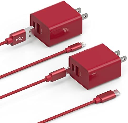 20 W Fast Charging USB C Wall Charger Duo – Dual Port USB-C & USB-A Power Adapter with 2 ft Cable for i Phone 14/13/12/11 Pro Max, Google Pixel, Galaxy & More – Sleek Red Design for Enhanced Compatibility and Speed