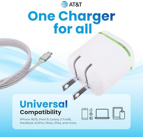 AT&T 40 W USB-C Fast Charging Wall Adapter – Ultimate Travel Companion with Foldable Prongs for i Phone, i Pad, Samsung Galaxy, Google Pixel & More – Universal Compatibility for Rapid Power Delivery Anytime, Anywhere