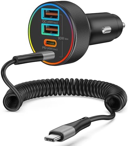90 W 4-Port USB C Car Charger with 6 FT Coiled Cable – Super Fast Charging for i Phone 16/16 e/15 Pro Max/Plus, Samsung Galaxy S25/S24, Pixel & Android Devices – Ultimate Travel Companion for Multiple Devices with Enhanced Compatibility and High-Performance Output