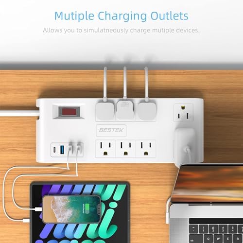 BESTEK 8-Outlet Power Strip with 5-Foot Extension Cord: Multi-Port USB Charging Hub Featuring 3 USB-A (2.4 A) & 1 USB-C (3 A) | 1625 W Max Output with 600 Joule Surge Protection for Enhanced Device Safety | Ultra-Compact Design for Home & Office Efficiency