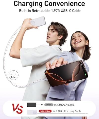 Ultra-Slim 10,000 m Ah Power Bank with 30 W PD Fast Charging & Integrated Retractable USB-C Cable – Perfect for i Phone 16/15, Samsung Galaxy 25/24, Google Pixel, and Mac Book Air – Effortless Portability Meets Stylish Efficiency in Sleek White Design for On-the-Go Charging