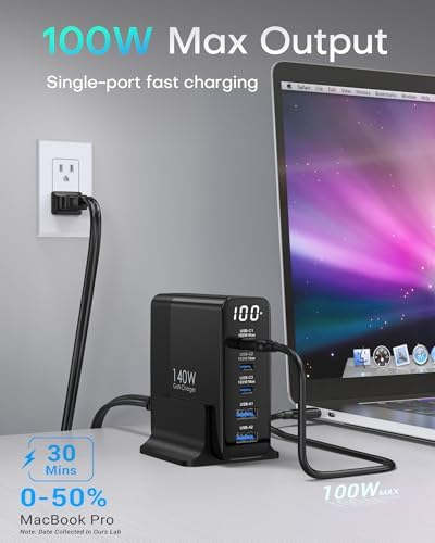Power Up with the 140 W Ga N USB-C Charging Station: 5-Port High-Speed Charger for Mac Book, i Phone 15, and Samsung Galaxy – Enhanced Display for Real-Time Monitoring, Sleek Black Design, Perfect for Home & Office Use