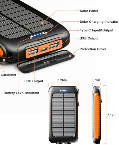 Ultra-Reliable 20,000 m Ah Solar Power Bank – High-Speed Portable Charger with Dual Flashlights, Eco-Friendly Solar Panel, and Carabiner for Adventurers and Daily Commuters – Waterproof External Battery for Fast Charging Smartphones and Tablets