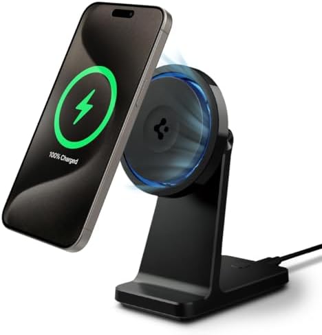 Experience next-level charging with the Spigen One Tap Pro 3 Cryomax (Mag Fit) Qi2 Wireless Charger, featuring a powerful 15 W output and advanced cooling technology. This sleek black Mag Safe compatible charging stand is tailored for i Phone models 12 through 16, ensuring effortless alignment and secure attachment. Engineered for efficiency, it boasts an integrated cooling fan to prevent overheating during rapid charge cycles, extending your device’s lifespan. The innovative sleep-friendly light provides a gentle glow for unobtrusive night charging, making it ideal for bedrooms or offices. Elevate your tech setup with this high-quality, durable accessory, designed for both style and functionality. Enjoy peace of mind with enhanced compatibility and rapid power delivery, all while maintaining optimal device temperature. Transform your charging routine with the Spigen One Tap Pro 3 Cryomax, where performance meets convenience.