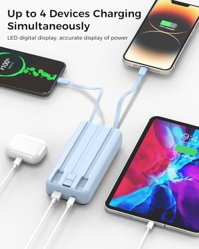 Ultra High Capacity 40,000 m Ah Portable Power Bank with Integrated Cables – 22.5 W PD Fast Charging Solution for i Phone 16/15/14/13, Samsung Galaxy S24/S23/S22/S21 & More – 5 Output Ports & 3 Input Options for Multi-Device Compatibility – Precision LED Display for Real-Time Power Monitoring – Lightweight & Compact Design Perfect for Outdoor Adventures, Travel, Camping, and More – Versatile Backup Battery for Smart Devices Including Tablets, Cameras, and More – Ultimate Charging Convenience Wherever You Go