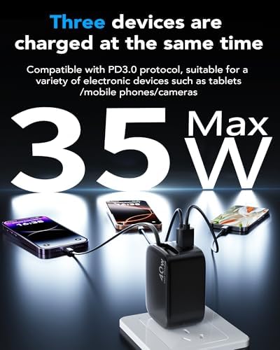 40 W Retractable 3-in-1 Wall Charger for i Phone 14/13/12, i Pad & Air Pods – Portable Fast Charging Block with Integrated Lightning Cable & Dual USB Ports for Ultimate Efficiency and Convenience (Black)