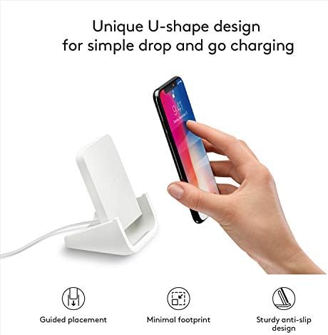 Logitech Powered Wireless Charging Stand for i Phone 8, 8 Plus, X, XS, XS Max, and XR – Fast 10 W Qi-Certified Charger with Adjustable Viewing Angles and Anti-Slip Design for Enhanced Safety and Convenience